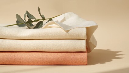 Linen fabric stack natural texture with eucalyptus on beige background for home decor and textile design