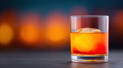 Golden Elixir: A close-up of an alluring cocktail featuring a large ice sphere, creating a captivating play of light, perfectly crafted and presented for a refined experience.