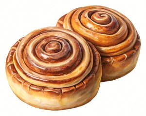 Fototapeta premium Two Sweet Cinnamon Rolls Watercolor Style Close Up pastries food photography