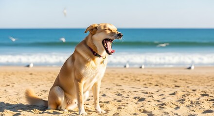 Dog Yawning on Beach - A Day of Leisure.