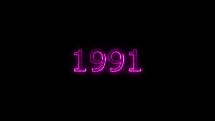 Glowing Neon Number 1991 Icon Animation on black ground.
