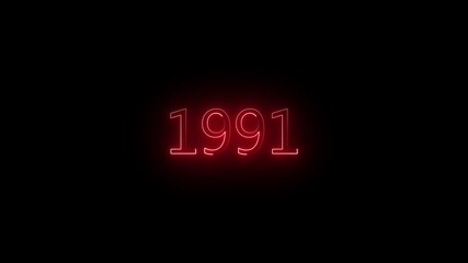  neon year 1991 glowing text on black background . 4k video animation .