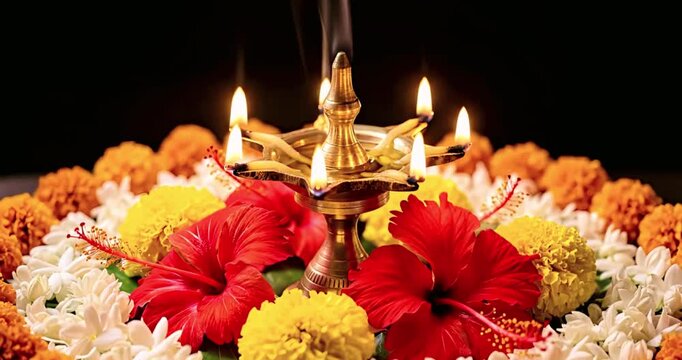 Celebrate Onam with vibrant flowers and a traditional brass oil lamp, capturing the spirit of prosperity and joy in this cultural video perfect for festive greetings
