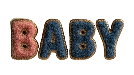 Soft textured yarn letters forming cute baby words in pastel colors, handcrafted typography for nursery decor, baby shower cards, and newborn celebration designs Transfer background