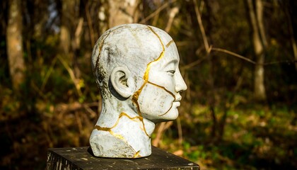 A sculpted head, cracked, gold accents