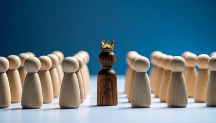 A wooden king figure with a golden crown stands out among many other wooden pawns.