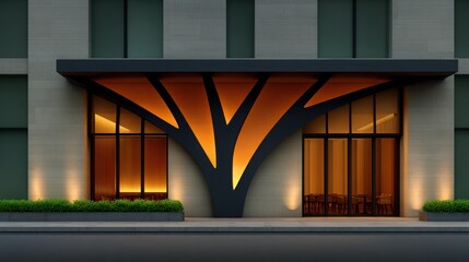 Fototapeta premium Modern Entrance: A striking, contemporary building entrance showcasing sophisticated architecture and design with illuminated accents, creating a captivating first impression. 