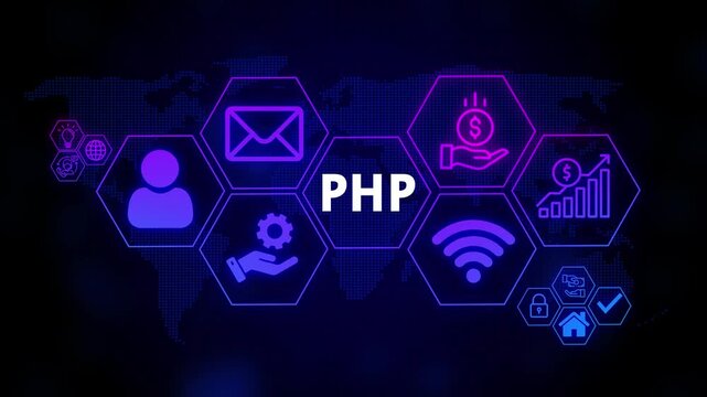 P H P programming language digital technology concept with global network icons and financial growth symbols on a dark blue background