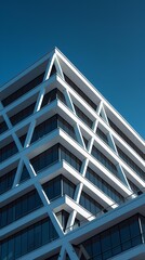 A modern architectural building with white diagonal support beams forming an X pattern