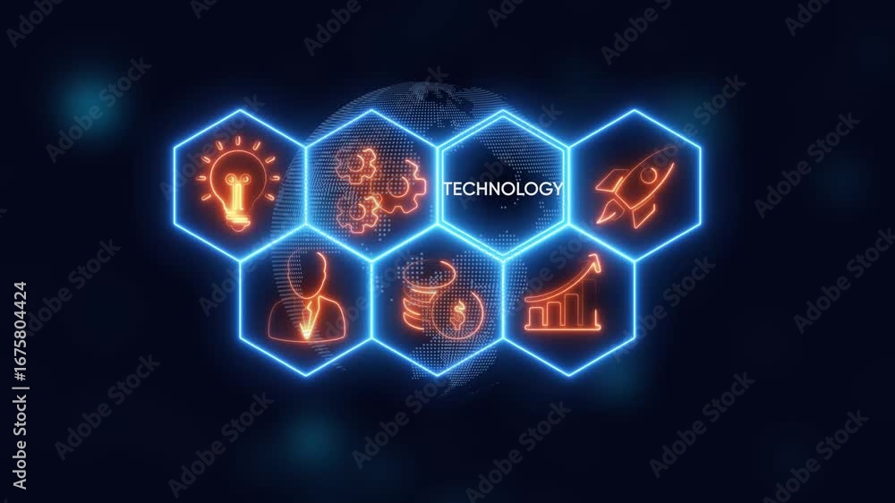 Poster futuristic digital network displaying business technology icons and globe innovation