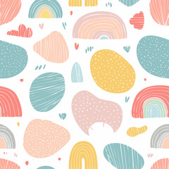 Abstract seamless pattern in pastel colors with geometric shapes: circles, triangles, arches, flowers. Light modern design for textiles and decor