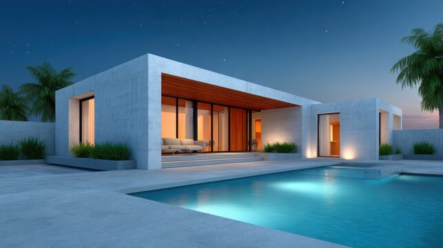 Modern Home Serenity: A sleek, contemporary home, complete with a sparkling pool, exudes an aura of tranquility under the twilight sky. A visual symphony of modern architecture and peaceful living.
