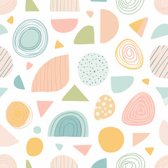 Abstract seamless pattern in pastel colors with geometric shapes: circles, triangles, arches, flowers. Light modern design for textiles and decor