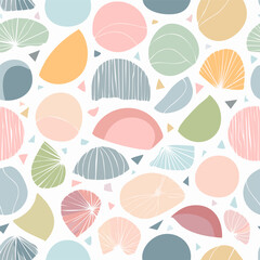 Abstract seamless pattern in pastel colors with geometric shapes: circles, triangles, arches, flowers. Light modern design for textiles and decor