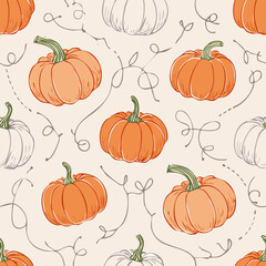 Seamless autumn pattern with orange pumpkins, green leaves, and decorative dots. Cozy seasonal design perfect for fall, Thanksgiving, and harvest themes