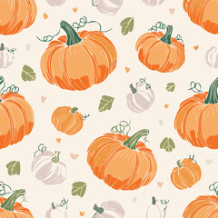 Seamless autumn pattern with orange pumpkins, green leaves, and decorative dots. Cozy seasonal design perfect for fall, Thanksgiving, and harvest themes