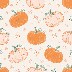 Seamless autumn pattern with orange pumpkins, green leaves, and decorative dots. Cozy seasonal design perfect for fall, Thanksgiving, and harvest themes