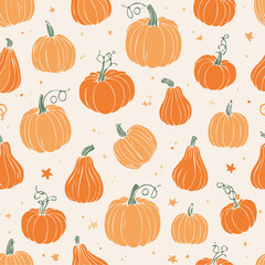 Seamless autumn pattern with orange pumpkins, green leaves, and decorative dots. Cozy seasonal design perfect for fall, Thanksgiving, and harvest themes