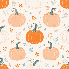 Seamless autumn pattern with orange pumpkins, green leaves, and decorative dots. Cozy seasonal design perfect for fall, Thanksgiving, and harvest themes