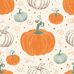 Seamless autumn pattern with orange pumpkins, green leaves, and decorative dots. Cozy seasonal design perfect for fall, Thanksgiving, and harvest themes