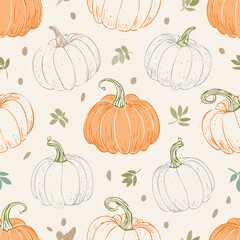 Seamless autumn pattern with orange pumpkins, green leaves, and decorative dots. Cozy seasonal design perfect for fall, Thanksgiving, and harvest themes