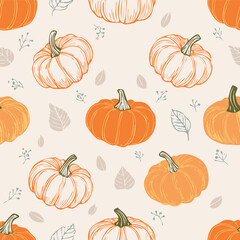 Seamless autumn pattern with orange pumpkins, green leaves, and decorative dots. Cozy seasonal design perfect for fall, Thanksgiving, and harvest themes