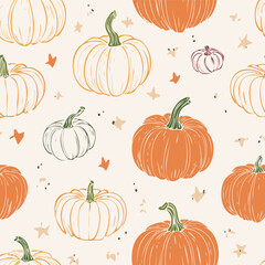 Seamless autumn pattern with orange pumpkins, green leaves, and decorative dots. Cozy seasonal design perfect for fall, Thanksgiving, and harvest themes