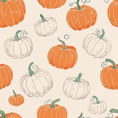 Seamless autumn pattern with orange pumpkins, green leaves, and decorative dots. Cozy seasonal design perfect for fall, Thanksgiving, and harvest themes