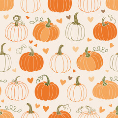 Seamless autumn pattern with orange pumpkins, green leaves, and decorative dots. Cozy seasonal design perfect for fall, Thanksgiving, and harvest themes