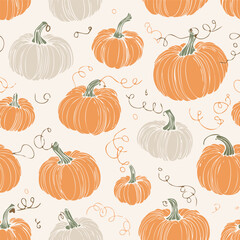 Seamless autumn pattern with orange pumpkins, green leaves, and decorative dots. Cozy seasonal design perfect for fall, Thanksgiving, and harvest themes