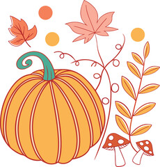 Vector art of autumn pumpkin with leaves and mushrooms