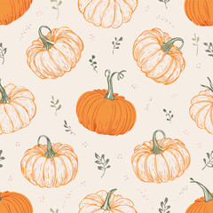 Seamless autumn pattern with orange pumpkins, green leaves, and decorative dots. Cozy seasonal design perfect for fall, Thanksgiving, and harvest themes