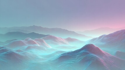 Wireframe landscape with glowing neon pink and cyan mountains and fog abstract background