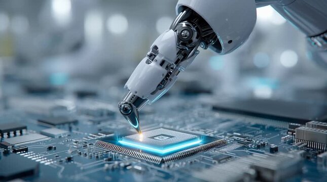 Extreme close-up, macro shot of a high-tech robotic arm with a glowing precision tip, placing a microchip onto a complex circuit board. Scene illuminated with clean, sterile blue and white lighting