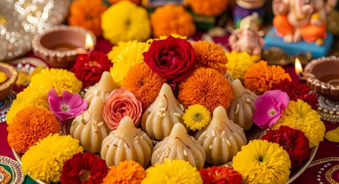 A vibrant array of Modak sweets surrounded by colorful marigold and rose blossoms, presented as an offering during a Hindu festival.