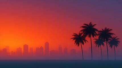 Sunset Cityscape with Palm Trees: A breathtaking cityscape silhouette is set against the vibrant hues of a sunset, complemented by the elegant silhouettes of palm trees.