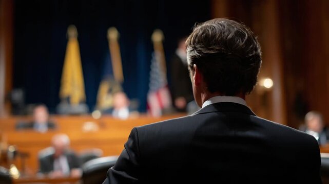 A politician in a black suit addresses lawmakers in a flag-adorned chamber during a formal government hearing.