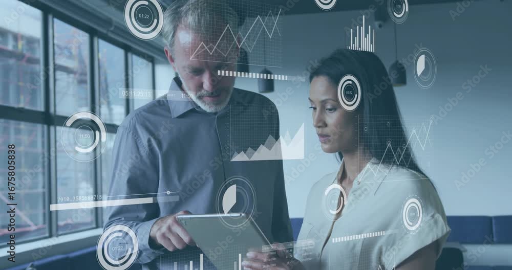 Poster mature man tapping tablet and colleague studying floating pie charts and line graphs for finance