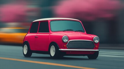 Retro Car on the Road: A vibrant red, vintage car navigates a blurred road, showcasing its classic design against a backdrop of motion and speed.