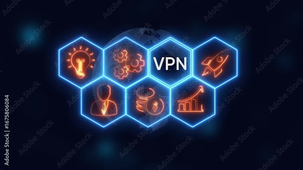 Aufkleber digital vpn concept with glowing neon icons and globe network on dark background virtual private net