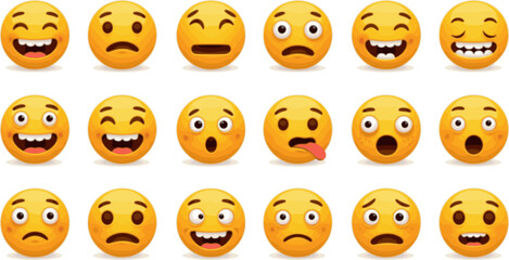 Fototapeta premium A set of classic round yellow smileys with crazy emotions. Funny, cute, horrible, creepy, freaky emoticons. Smiley memes for messengers. 