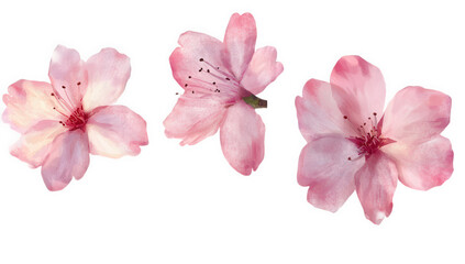Naklejka premium Three pink cherry blossom flowers isolated on transparent background in studio shot