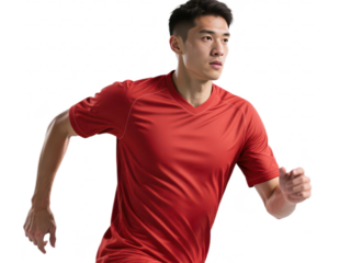 Athletic young man in red shirt running, focused expression, active lifestyle.