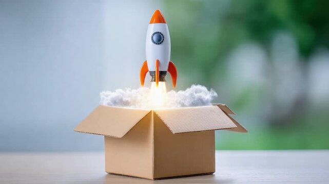 Rocket Launch: a toy rocket bursts from a cardboard box, symbolizing launch of innovation, ideas, or product, surrounded by fluffy cotton wool clouds and bright, inviting lights.