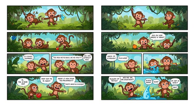 Animated cartoon comic depicting playful monkeys interacting in a vibrant jungle setting, showcasing their playful interactions and exchanges.