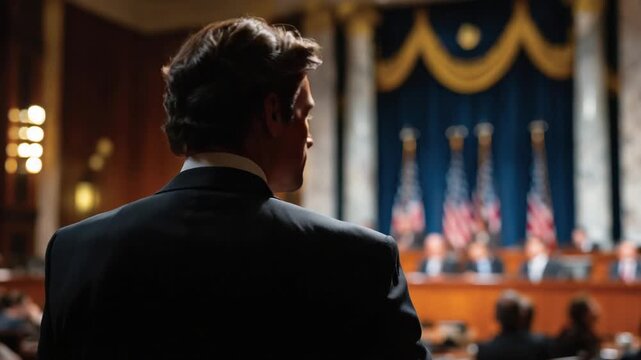 A politician in a black suit addresses lawmakers in a flag-adorned chamber during a formal government hearing.