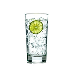 Refreshing gin and tonic cocktail with a lime slice in a delicate glass on a white background, isolated