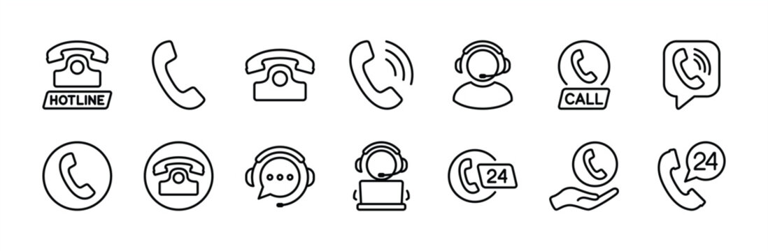 Contact icon set. Contact symbol - phone, call center, customer service, technical support, 24 hour office telephone, assistance, hotline, live chat, operator, help desk. Vector illustration