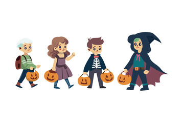 Cute kid trick or treat vector. Playful children in costumes with jack o lanterns  ideal for seasonal art.