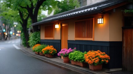 Fototapeta premium Tranquil Japanese House: An inviting, meticulously designed traditional Japanese house, exuding serenity and elegance, stands gracefully at the edge of a serene, rain-kissed street.